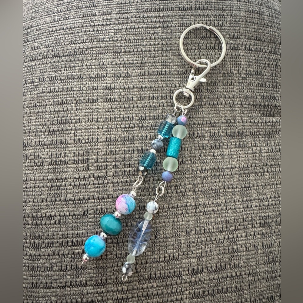 Handmade Beaded Bag Charm Keychain Blue 6”